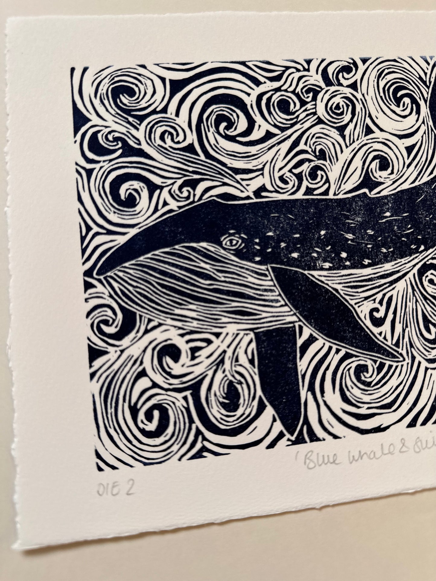 Original Linocut print of ‘Blue Whale & swirls’.