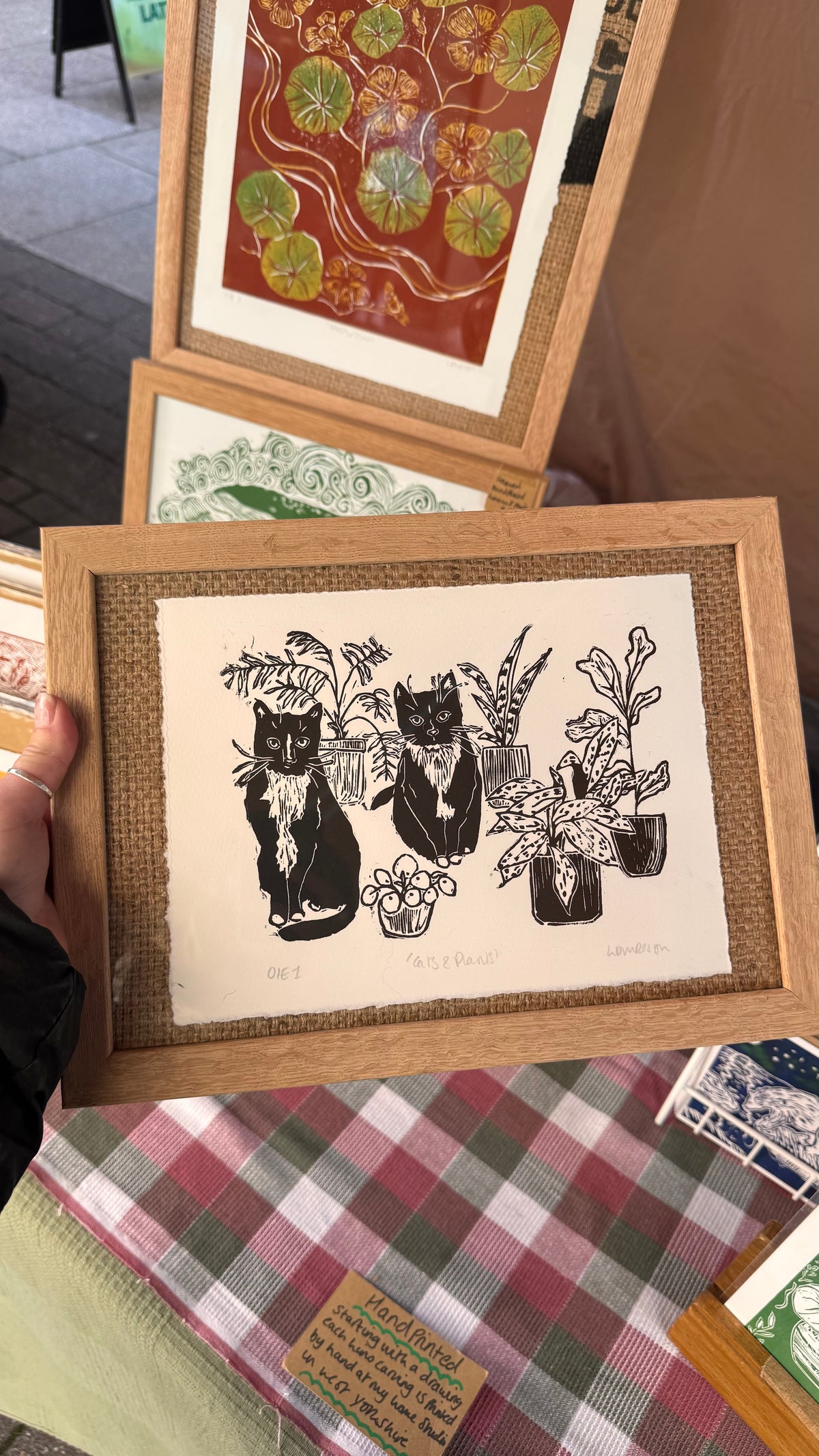 Original Linocut ‘Cats & plants’ print