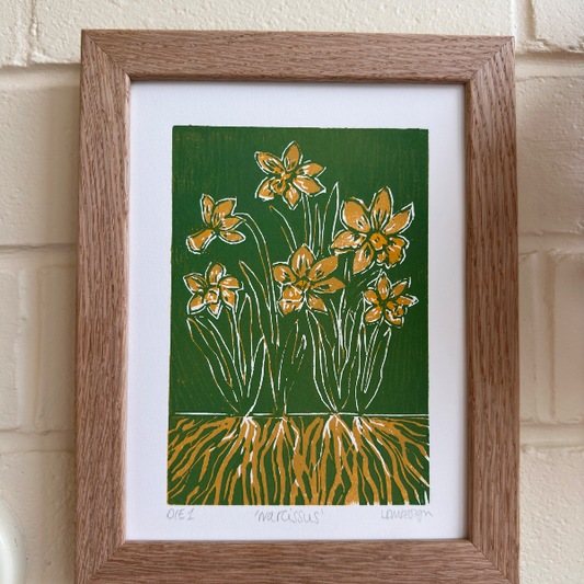 Original Woodcut ‘Narcissus' Daffodil & roots print.