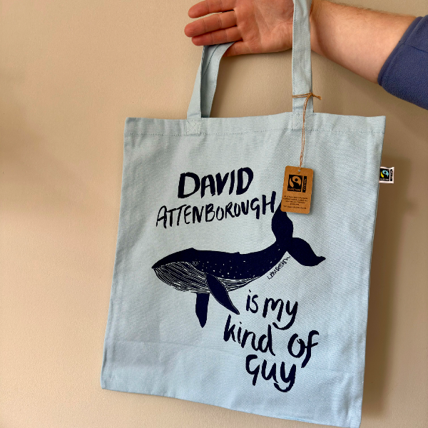 Eco friendly Organic Cotton cool blue David Attenborough, Whale tote bag.