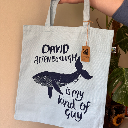 Eco friendly Organic Cotton cool blue David Attenborough, Whale tote bag.