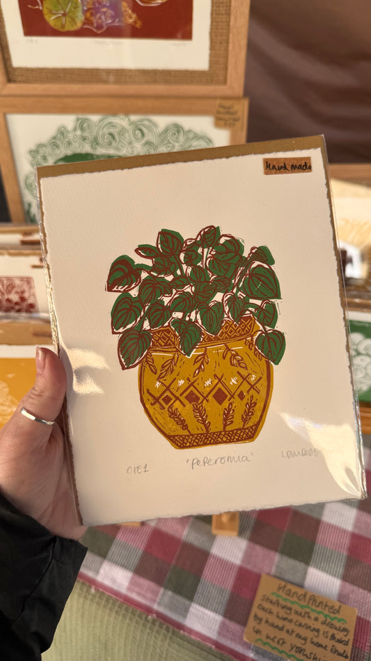 Original Linocut print ‘peperomia’ House plant