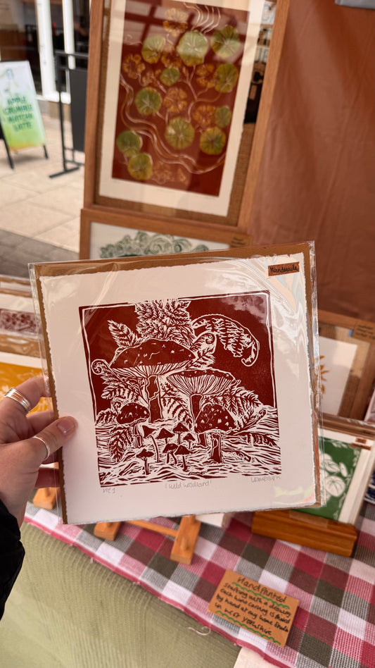 Original Linocut ‘Wild Woodland’ Mushroom and fern print
