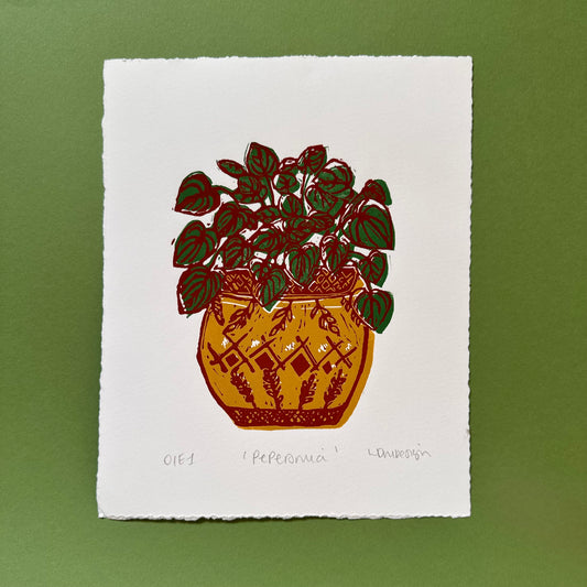 Original Linocut print ‘peperomia’ House plant