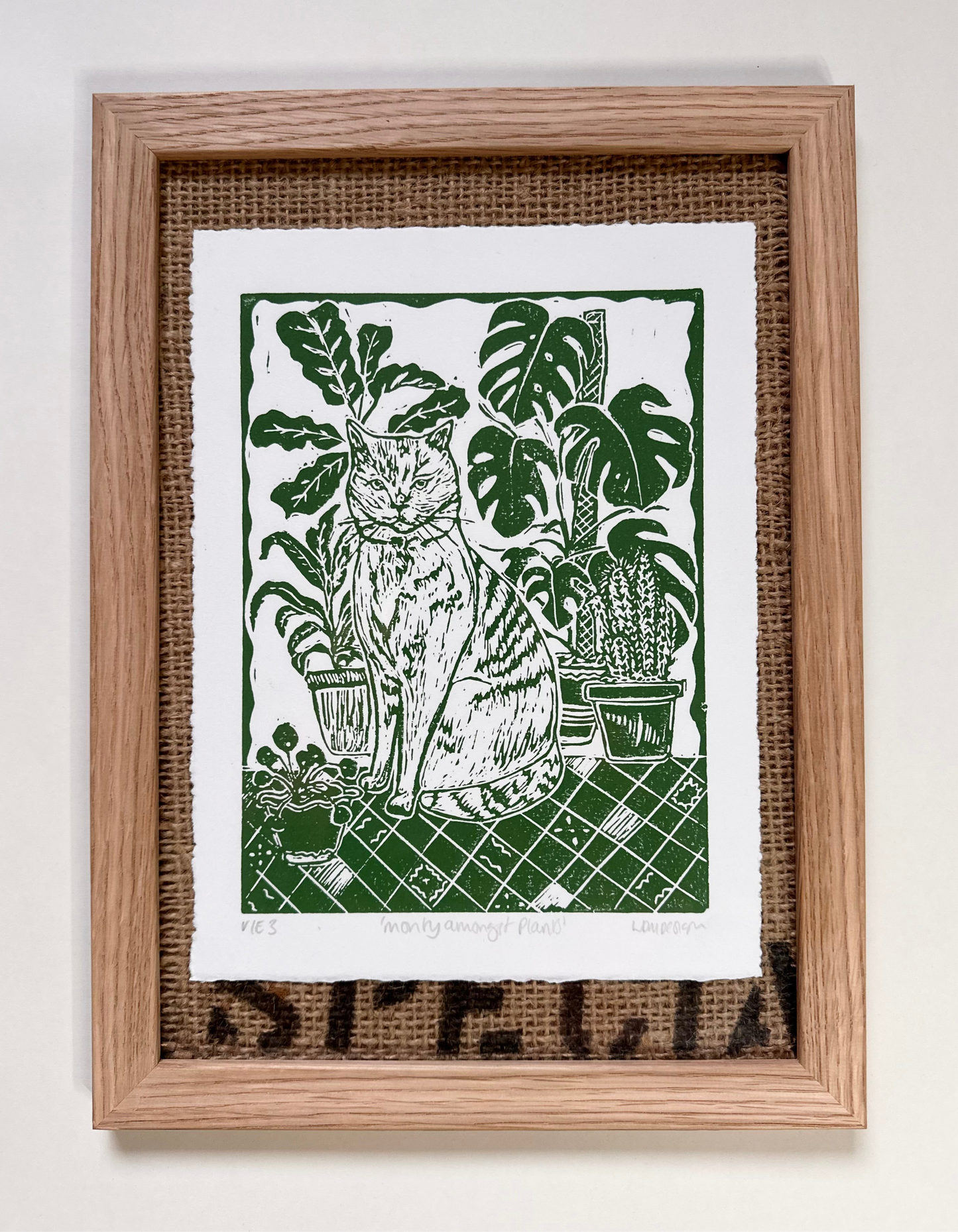 Original Linocut ‘Monty amongst plants’ print.
