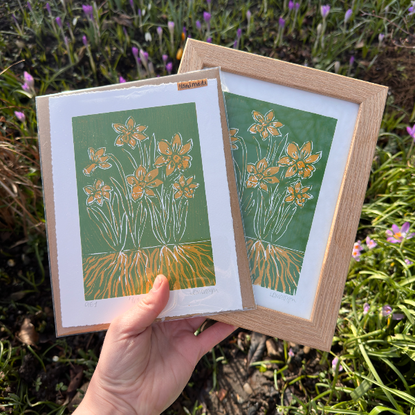 Original Woodcut ‘Narcissus' Daffodil & roots print.