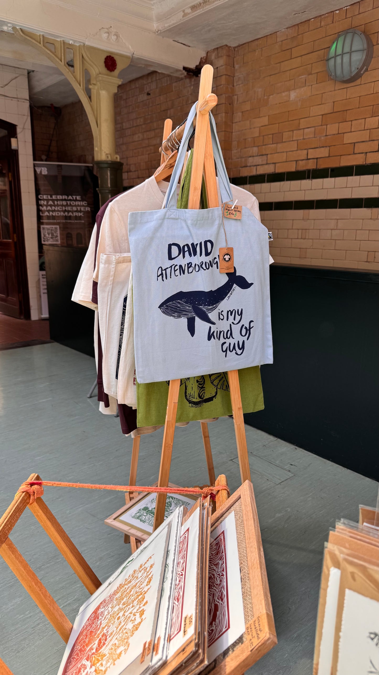 Eco friendly Organic Cotton cool blue David Attenborough, Whale tote bag.
