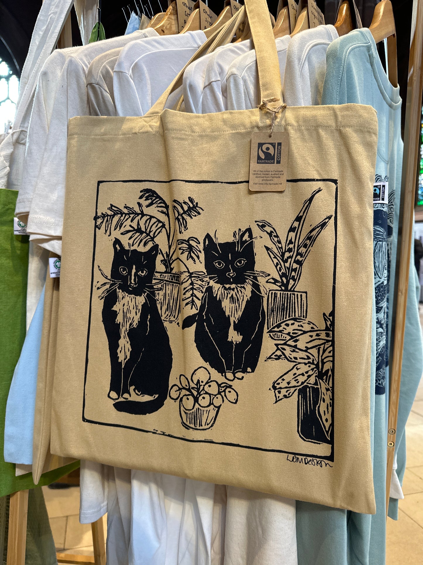 Eco friendly GOTS Organic and FairTrade Cats & Plants tote bag