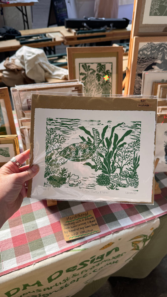 Original Linocut ‘Green Turtle & coral’ print.