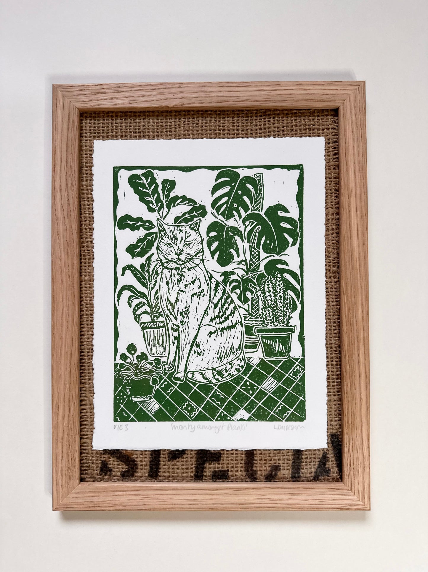 Original Linocut ‘Monty amongst plants’ print.