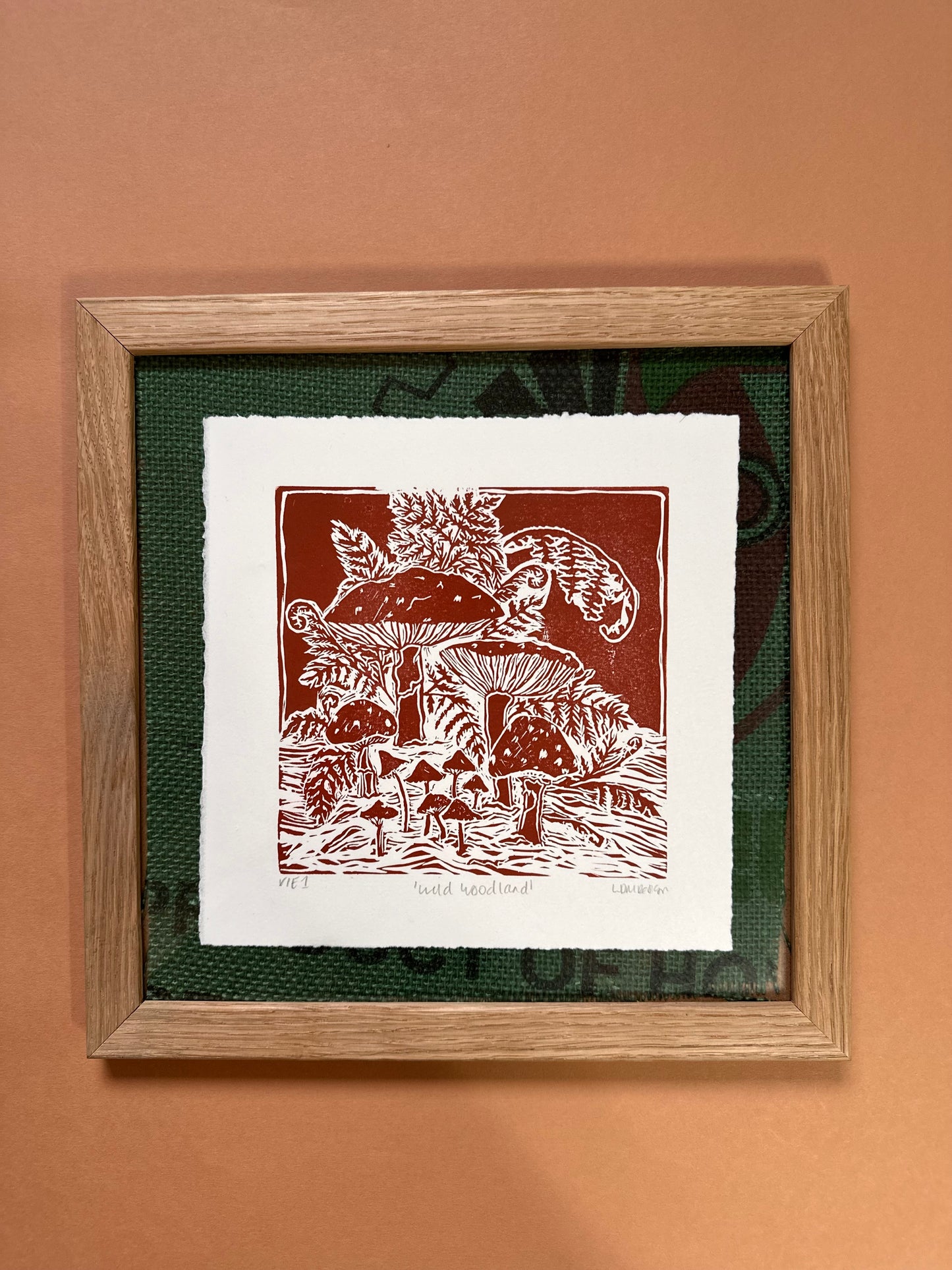 Original Linocut ‘Wild Woodland’ Mushroom and fern print