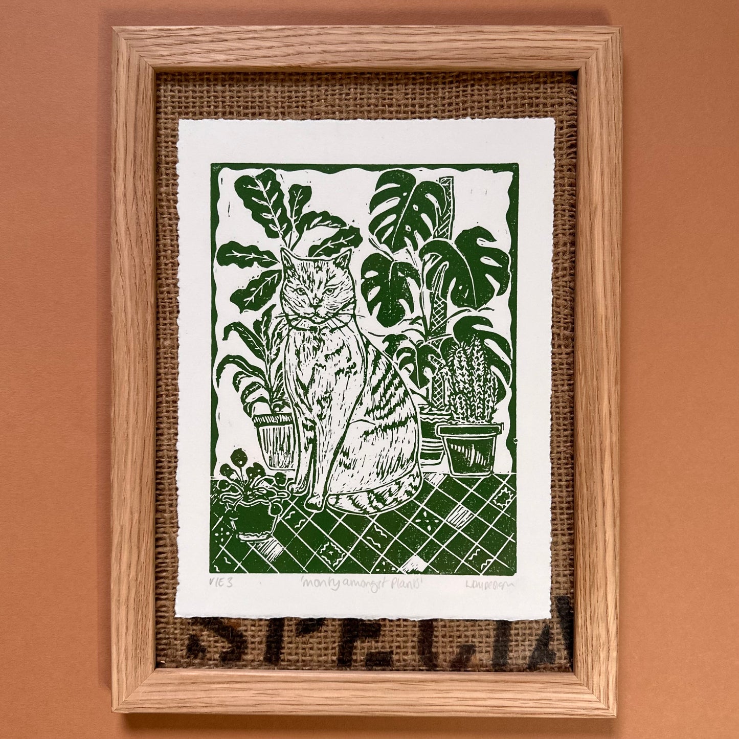 Original Linocut ‘Monty amongst plants’ print.
