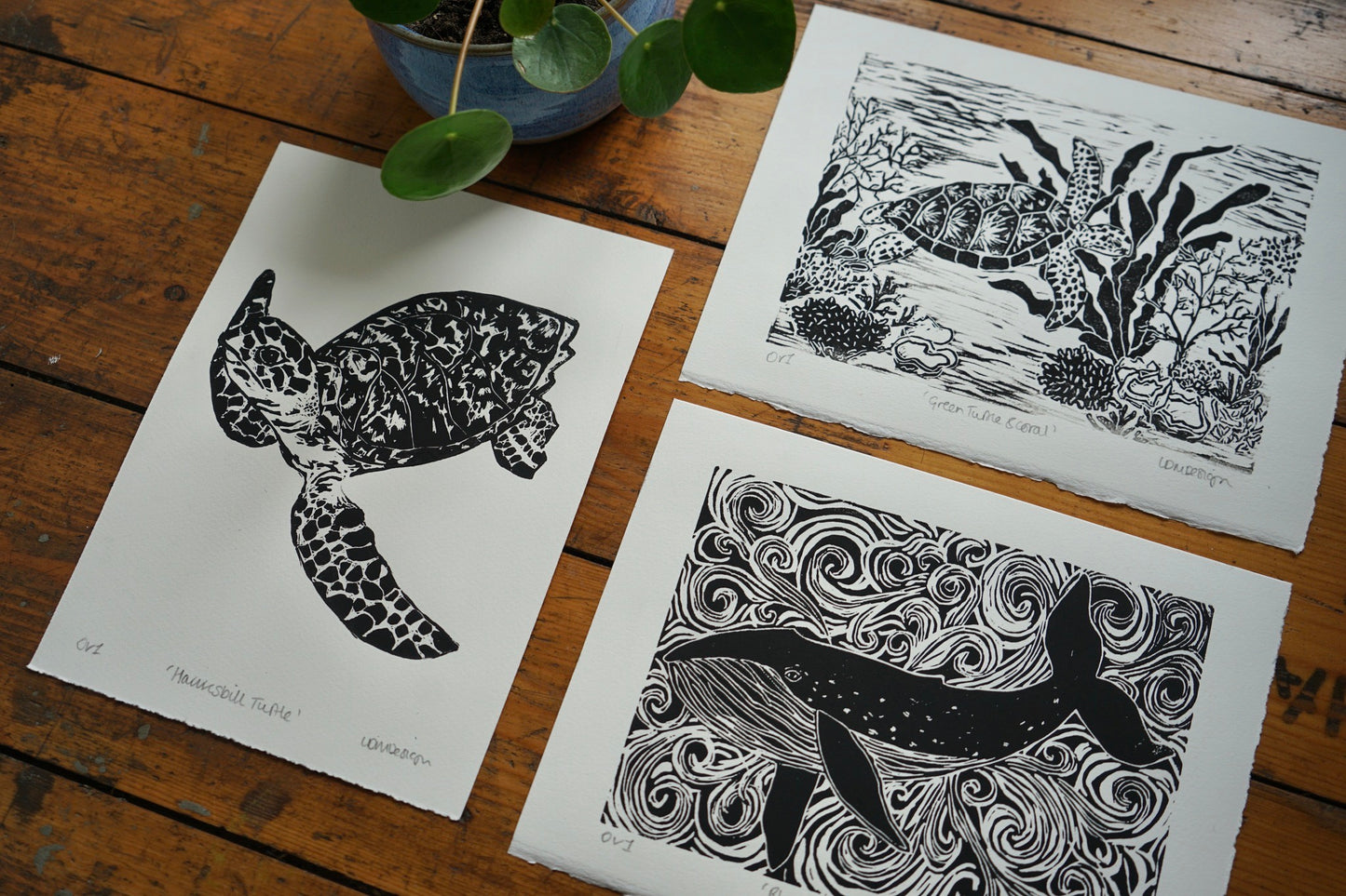 Original Linocut print of ‘Blue Whale & swirls’.