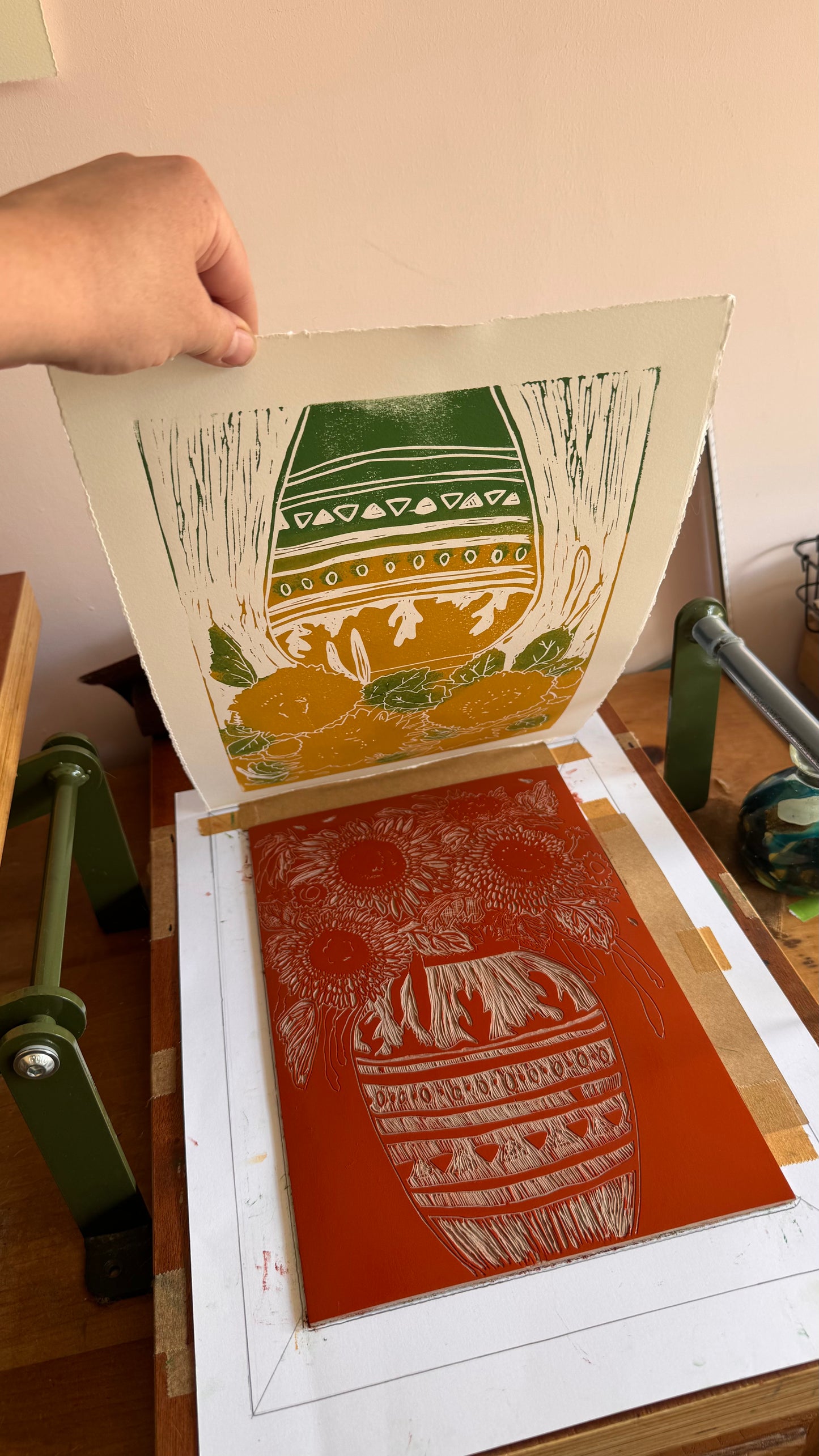Original Linocut ‘Sunny Pot' Teddy Sunflowers in vase.