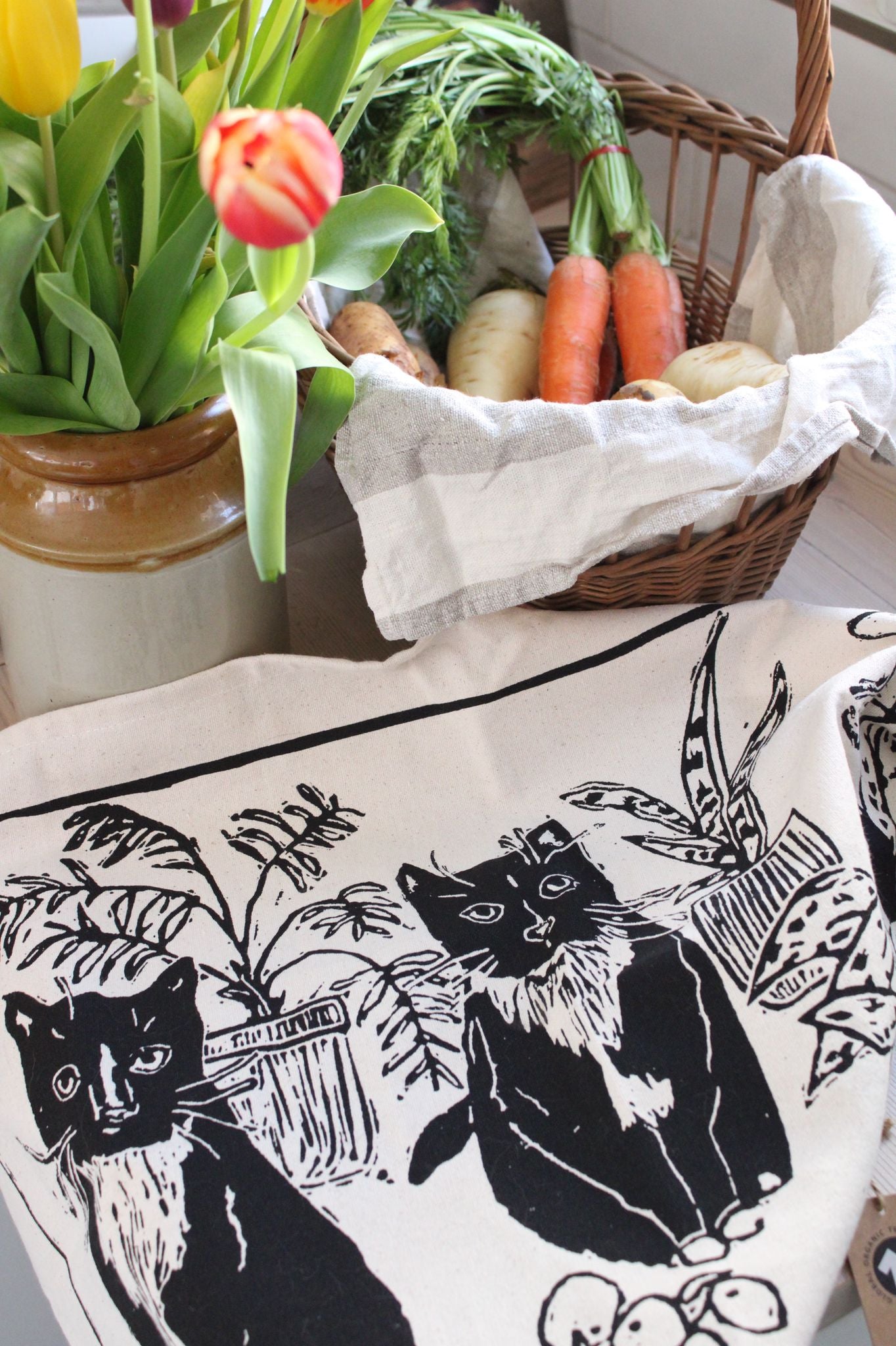 Cats & Plants Natural Tea towel GOTS Organic and FairTrade.