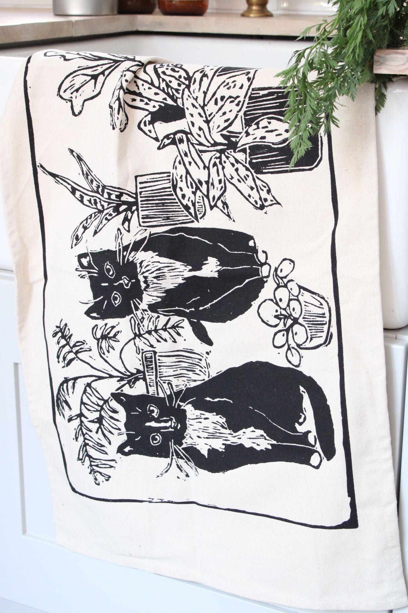 Cats & Plants Natural Tea towel GOTS Organic and FairTrade.