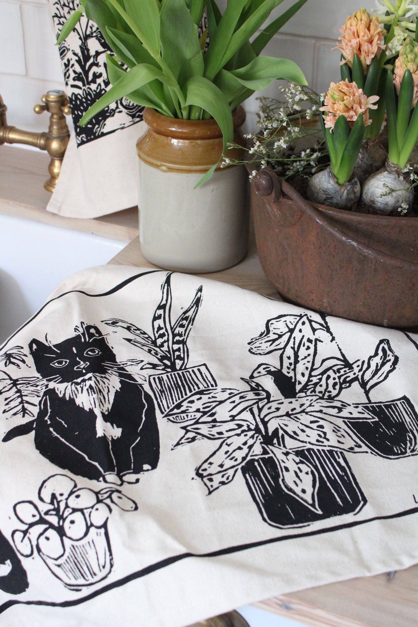 Cats & Plants Natural Tea towel GOTS Organic and FairTrade.