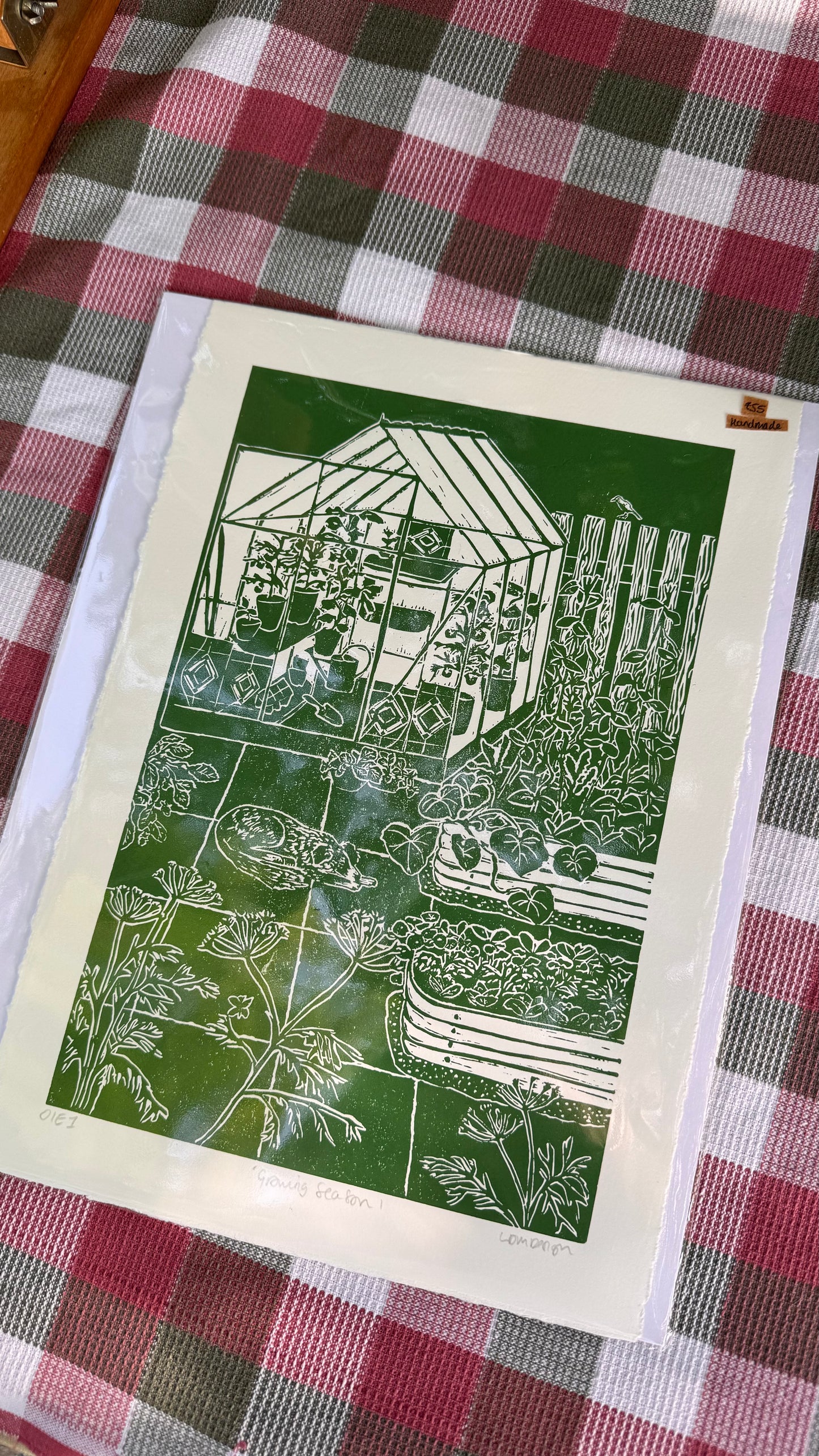 Original Linocut ‘Growing Season' greenhouse, dog & garden print.