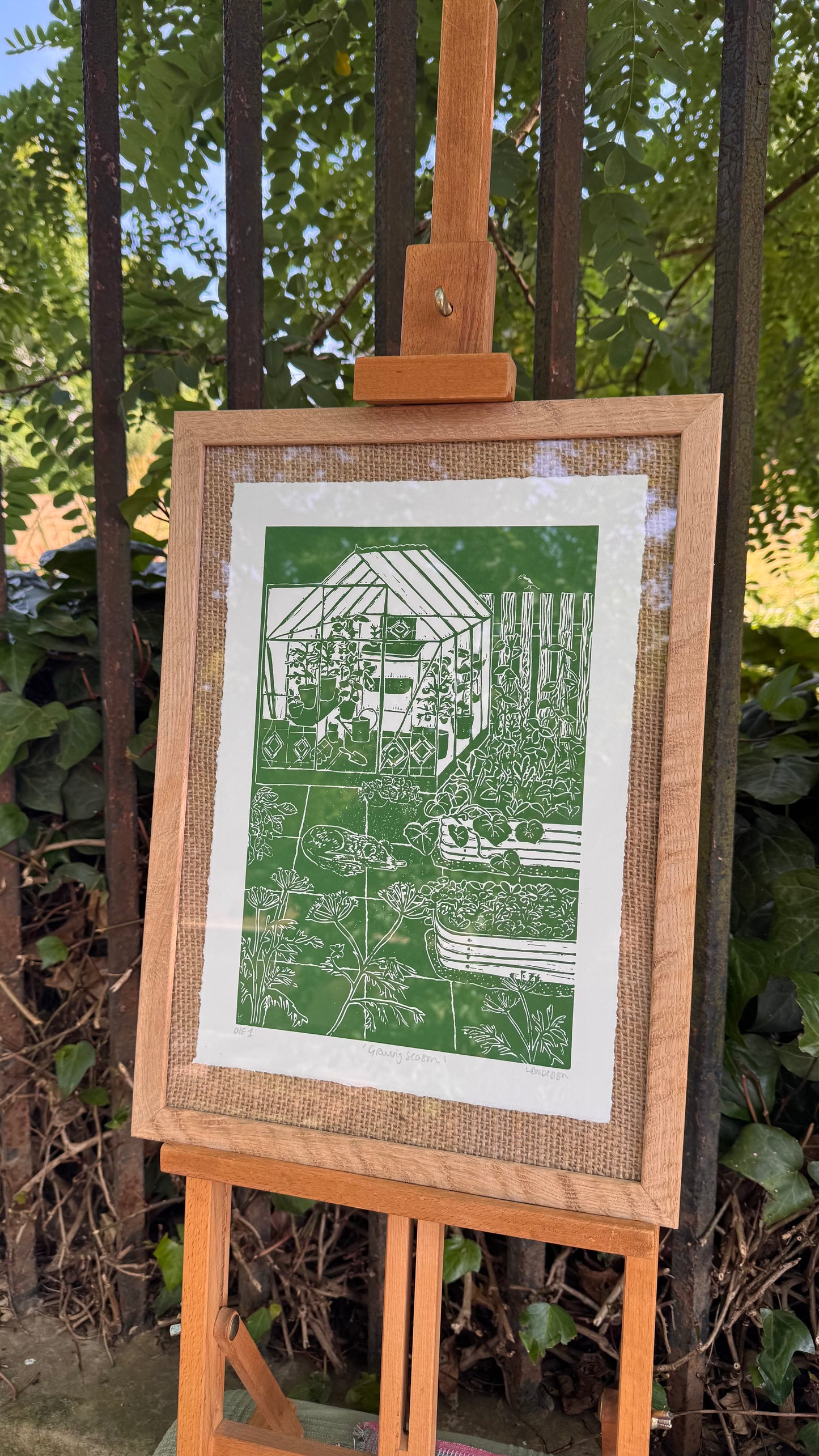 Original Linocut ‘Growing Season' greenhouse, dog & garden print.