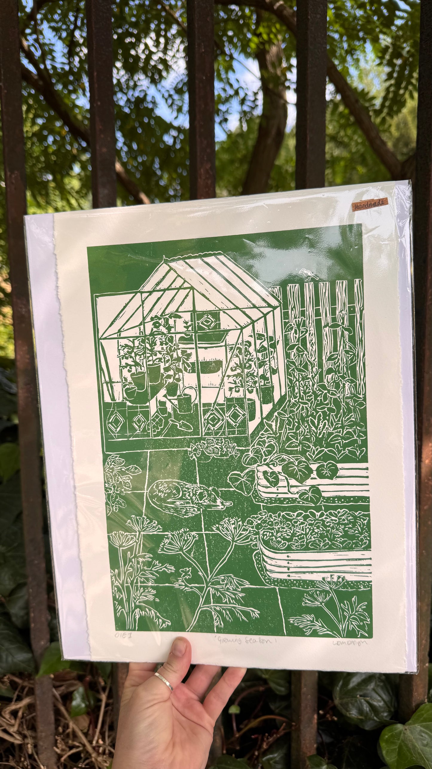 Original Linocut ‘Growing Season' greenhouse, dog & garden print.