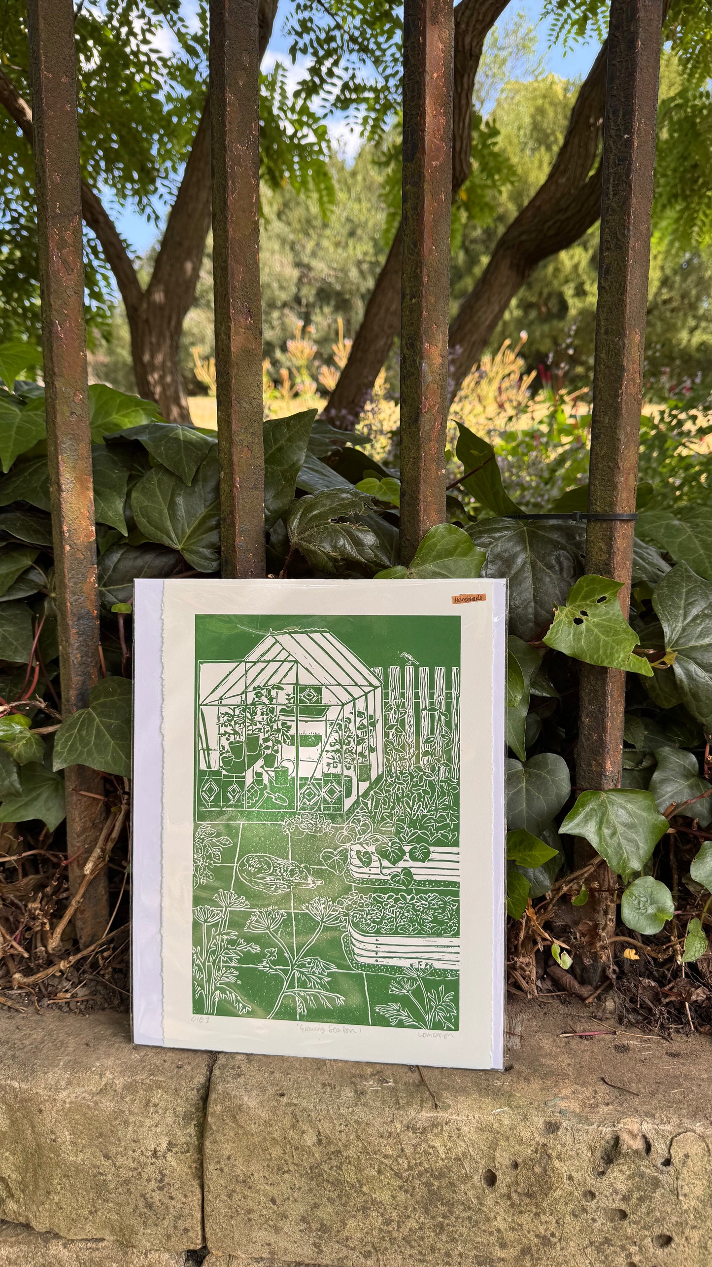 Original Linocut ‘Growing Season' greenhouse, dog & garden print.