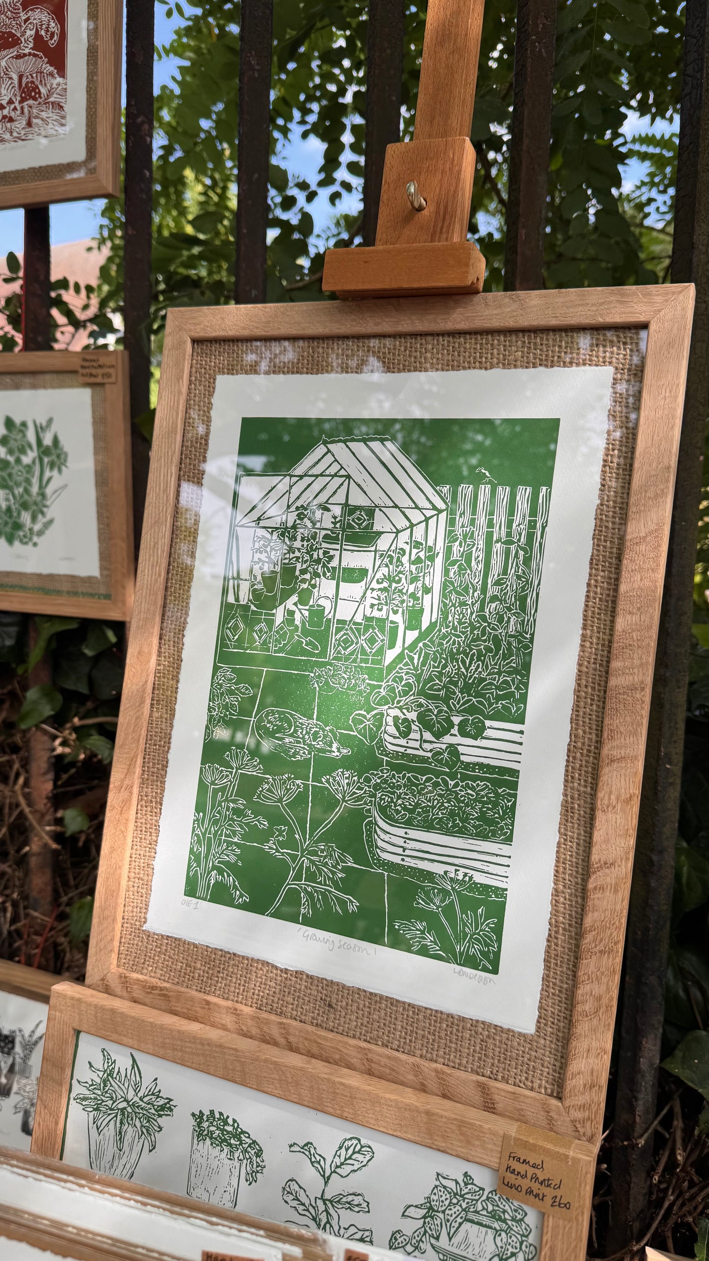 Original Linocut ‘Growing Season' greenhouse, dog & garden print.