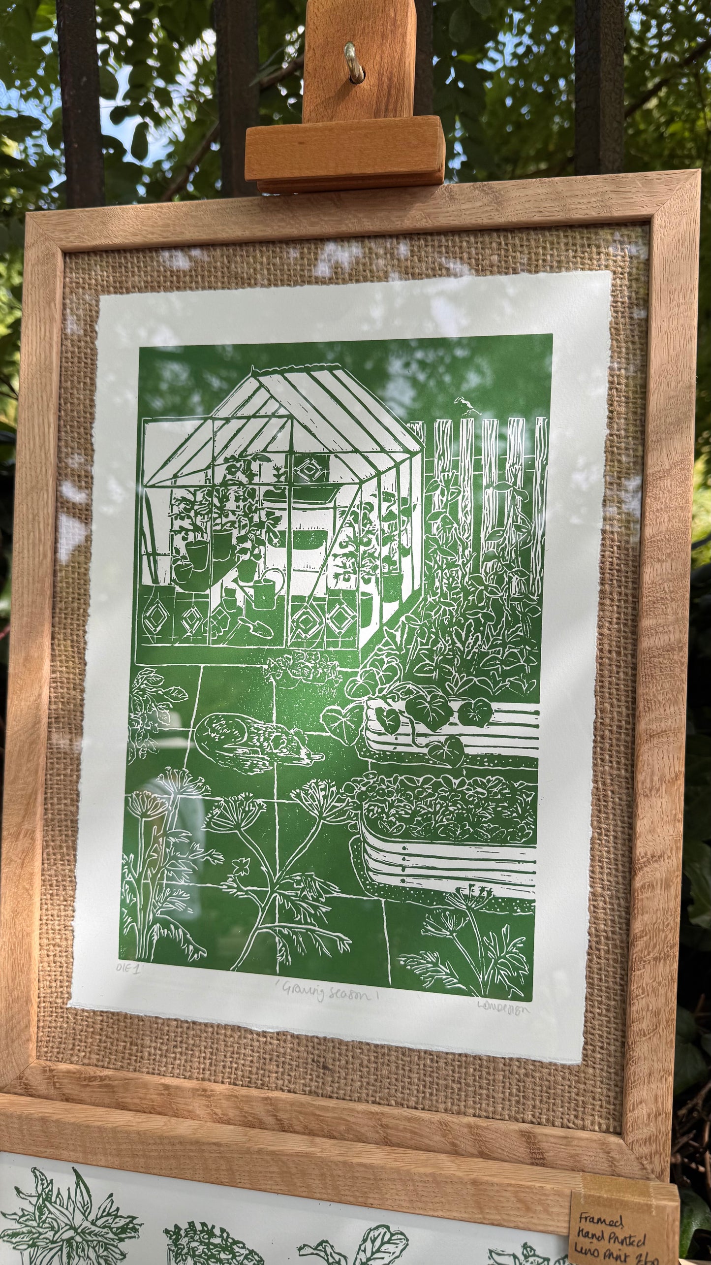 Original Linocut ‘Growing Season' greenhouse, dog & garden print.