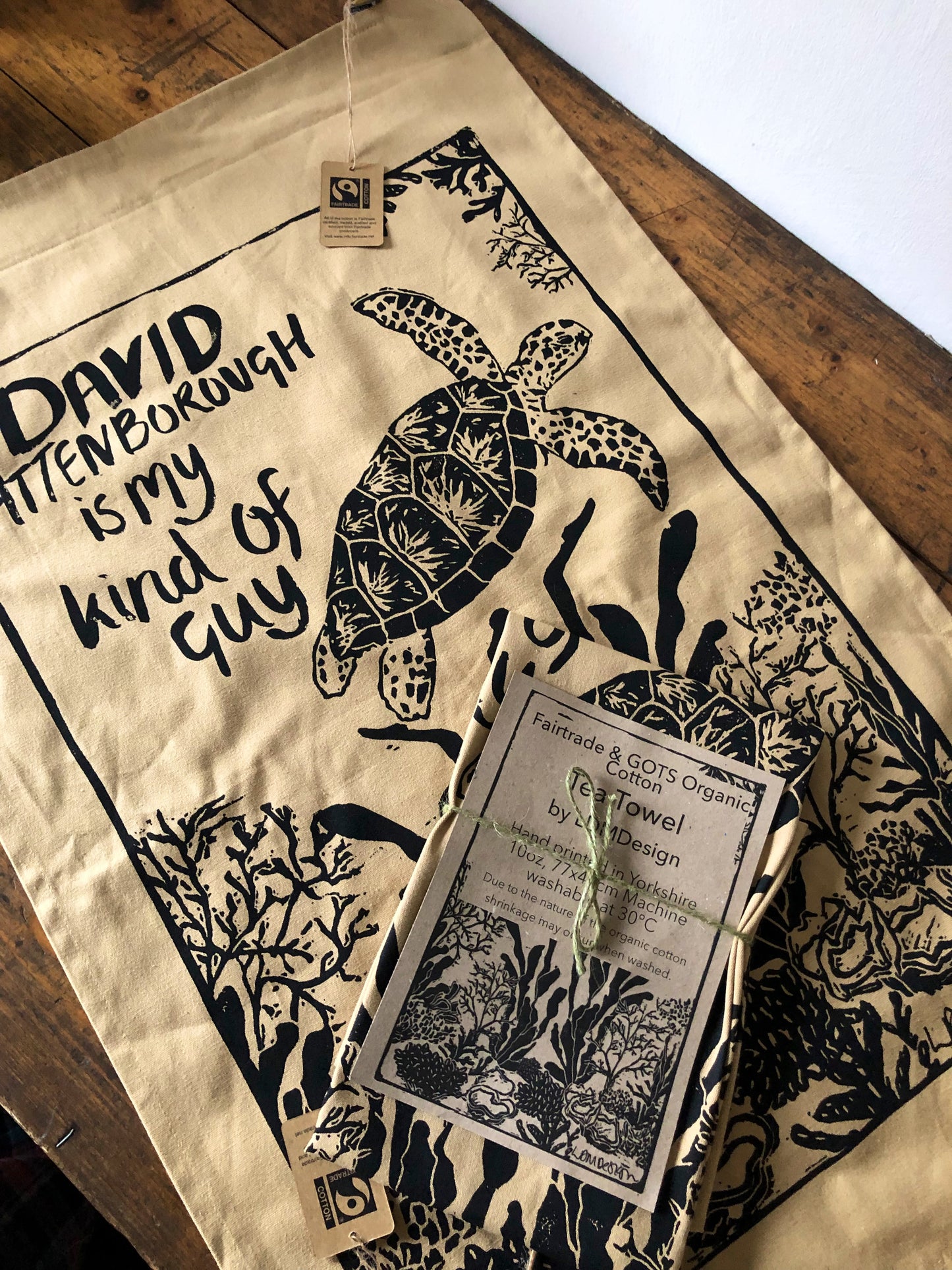 Green Turtle, David Attenborough Sand Tea Towel - Eco-Friendly, Organic, and Fair Trade