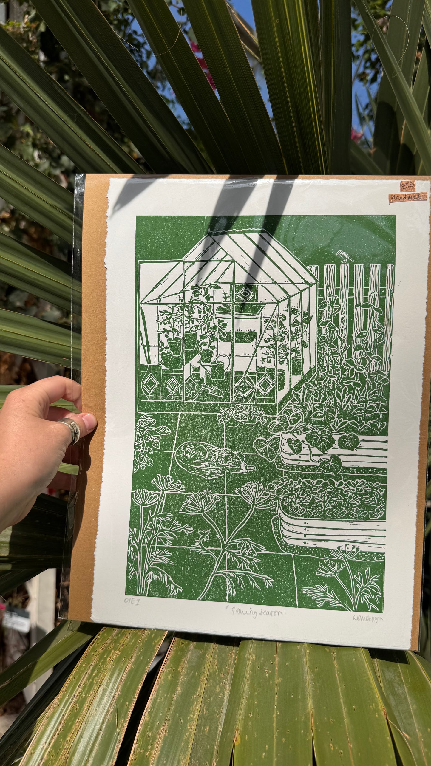 Original Linocut ‘Growing Season' greenhouse, dog & garden print.