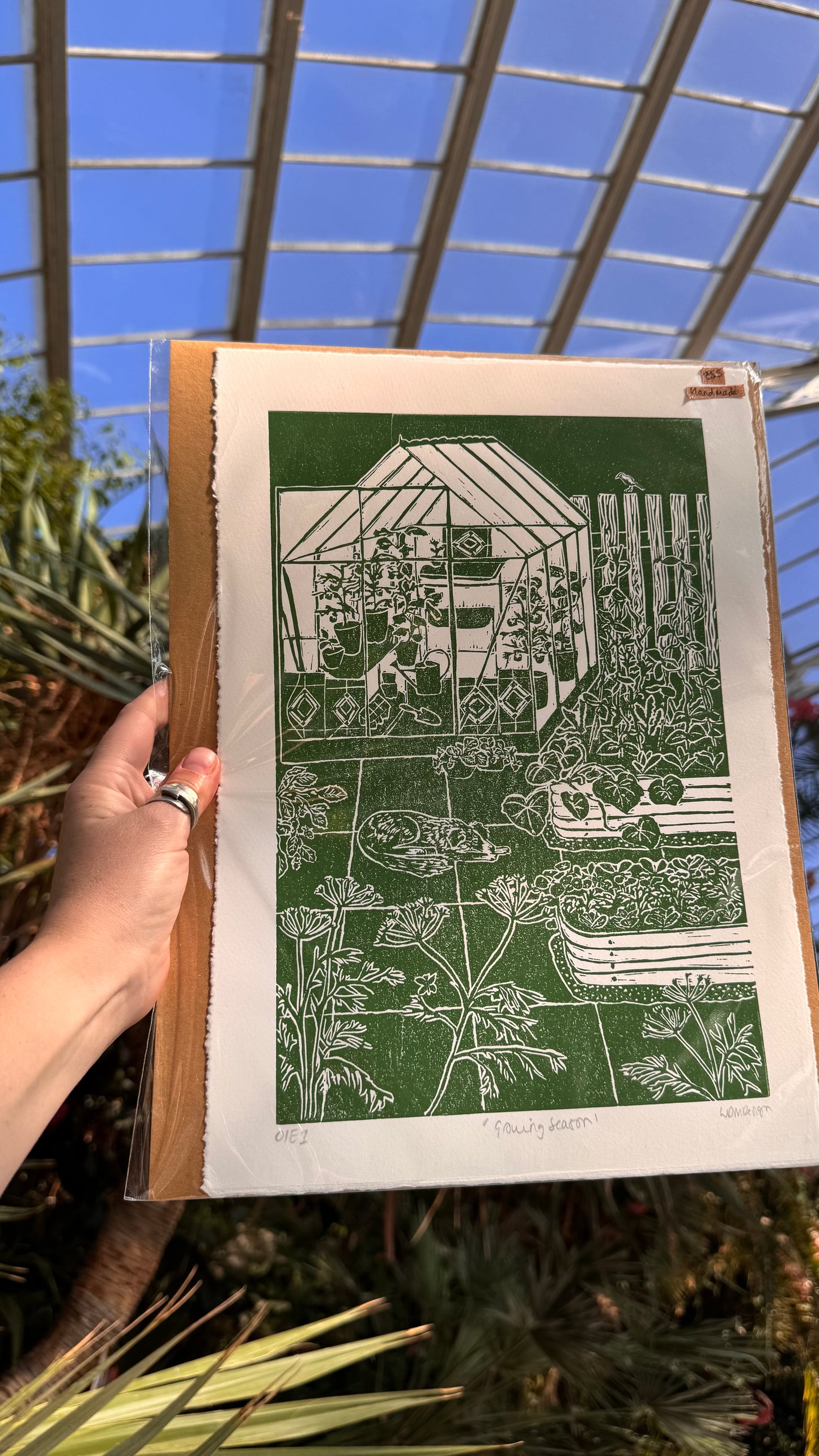 Original Linocut ‘Growing Season' greenhouse, dog & garden print.