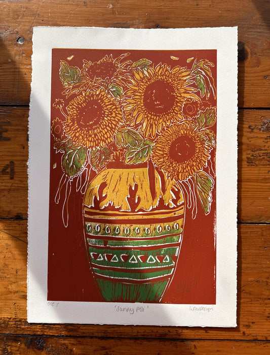 Original Linocut ‘Sunny Pot' Teddy Sunflowers in vase.