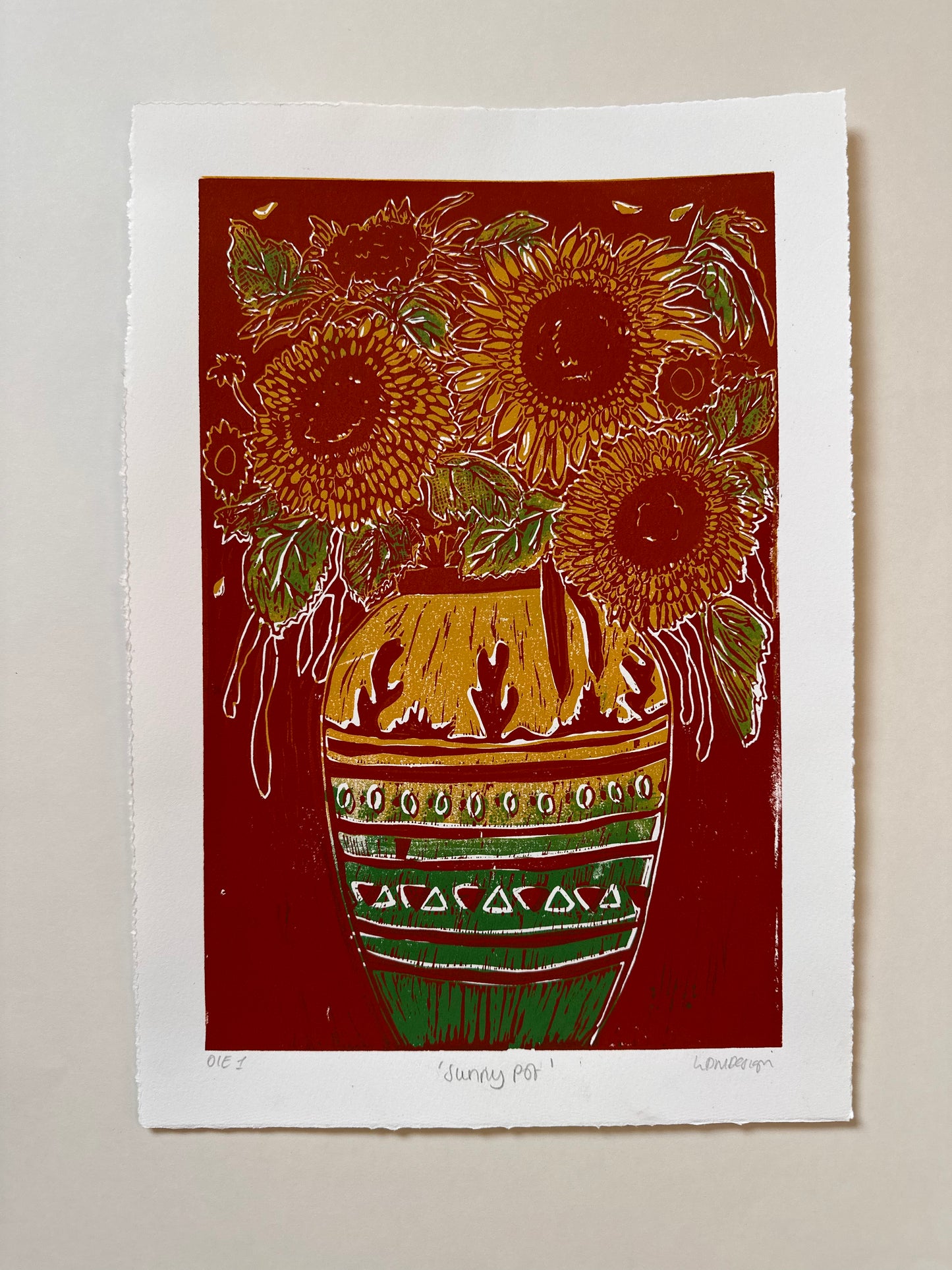 Original Linocut ‘Sunny Pot' Teddy Sunflowers in vase.