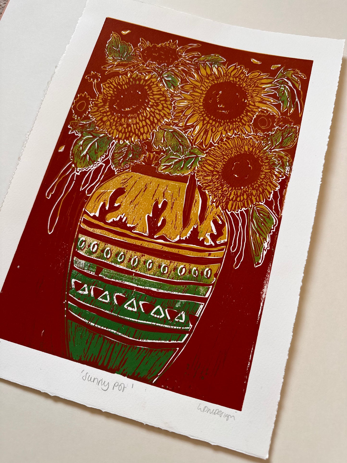 Original Linocut ‘Sunny Pot' Teddy Sunflowers in vase.